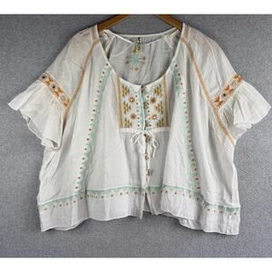 Free People Blouse Womens S/P Aztec Floral Embroidered Flutter Oversized Boho